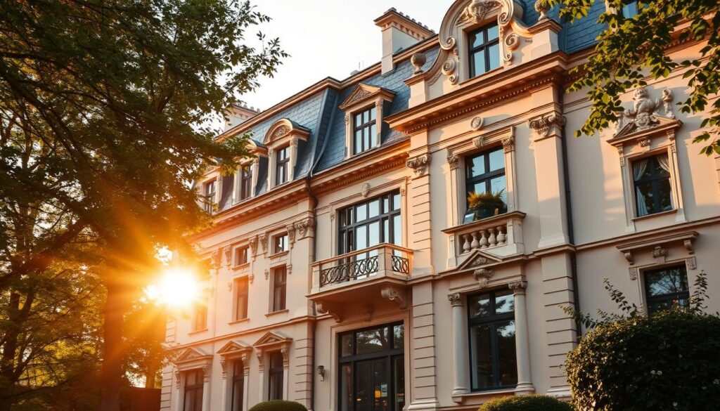 A stately residential building set against a backdrop of lush greenery, its classical architecture and ornate details exuding an air of elegance and sophistication. The sun casts a warm, golden glow, illuminating the intricate facades and creating captivating shadows. The scene evokes a sense of timelessness, with a focus on the nuances of the property's construction, materials, and architectural style - key elements in the specialized field of residential real estate valuation. The perspective captures the complexity and importance of evaluating unique, high-end properties, reflecting the "Spezialfälle der Wohnimmobilienbewertung" (Special Cases in Residential Property Valuation) discussed in the article.